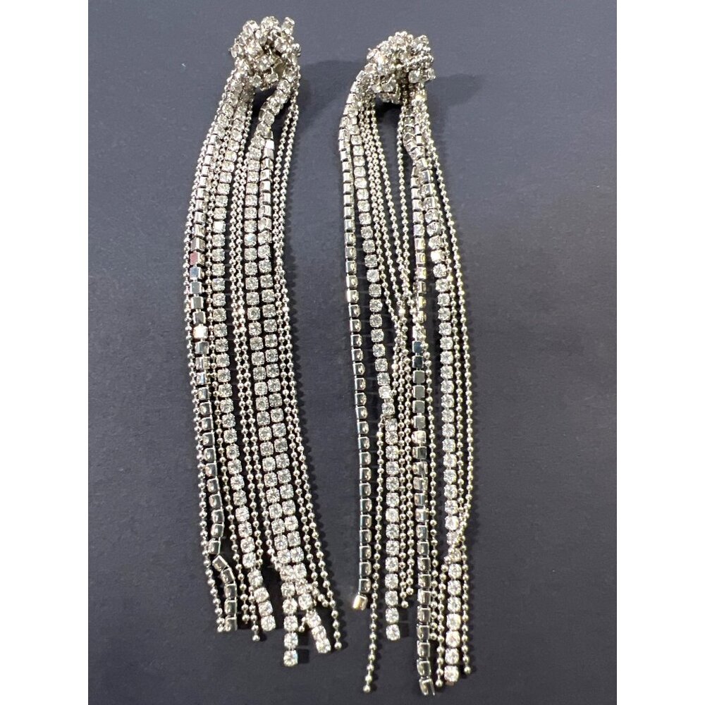 Rhinestone Ball Chain Tassel Earrings Post 4" Drop Lovers Knot Glamour Holidays